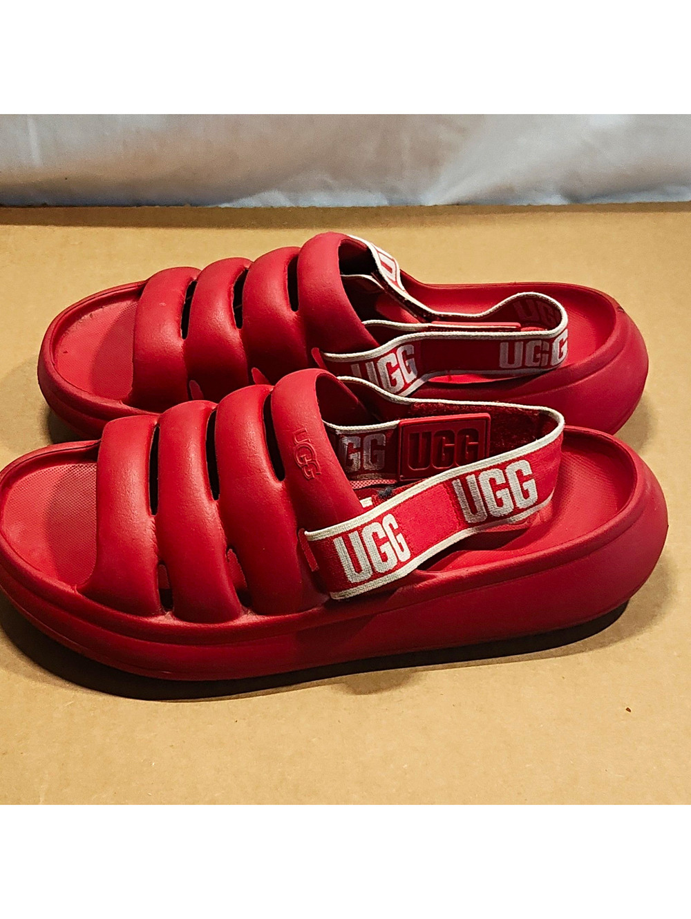 UGG Women's Size 10.5 Red/White Slide Sandals Logo Strap Rubber Upper